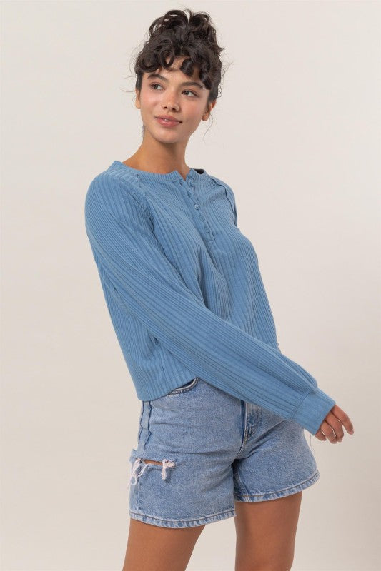Brushed Ribbed Oversized Henley Top