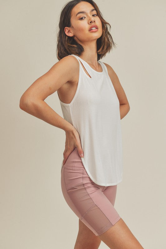 Asymmetric Cutout Rib Tank Top (Cream)