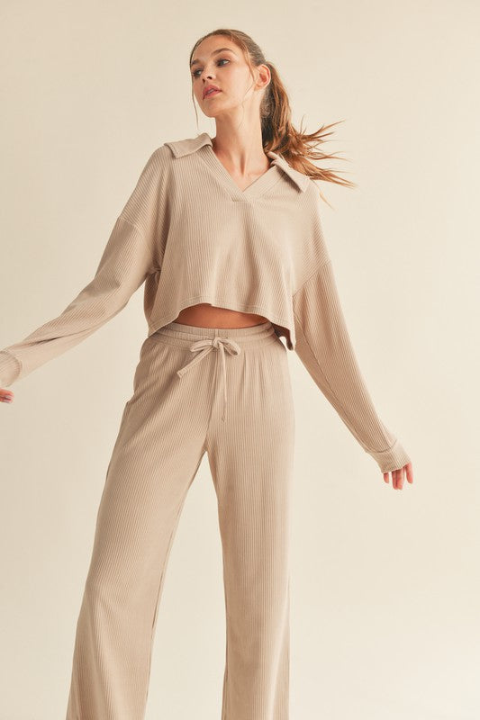 Soft Brushed Ribbed Top With Johnny Collar