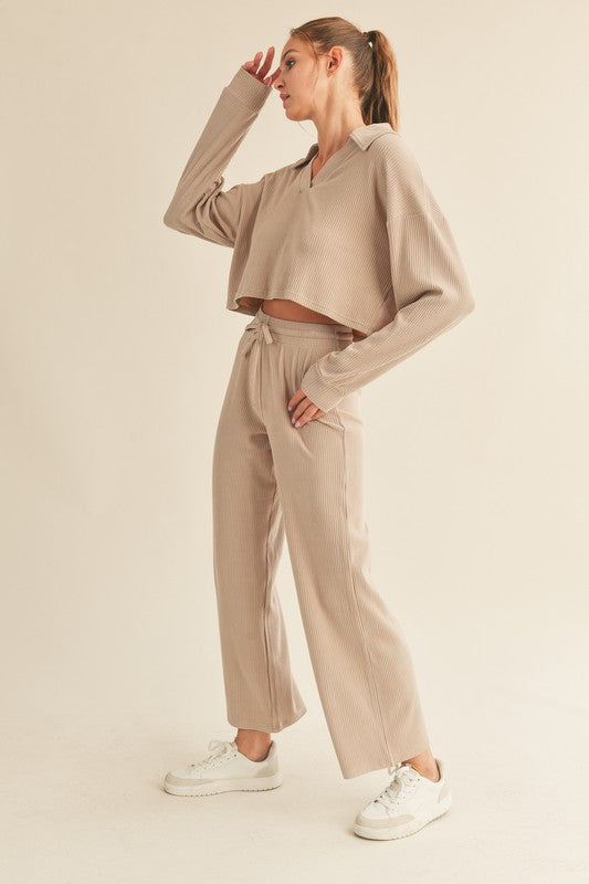 Soft Brushed Ribbed Top With Johnny Collar