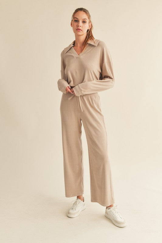 Soft Brushed Ribbed Top With Johnny Collar