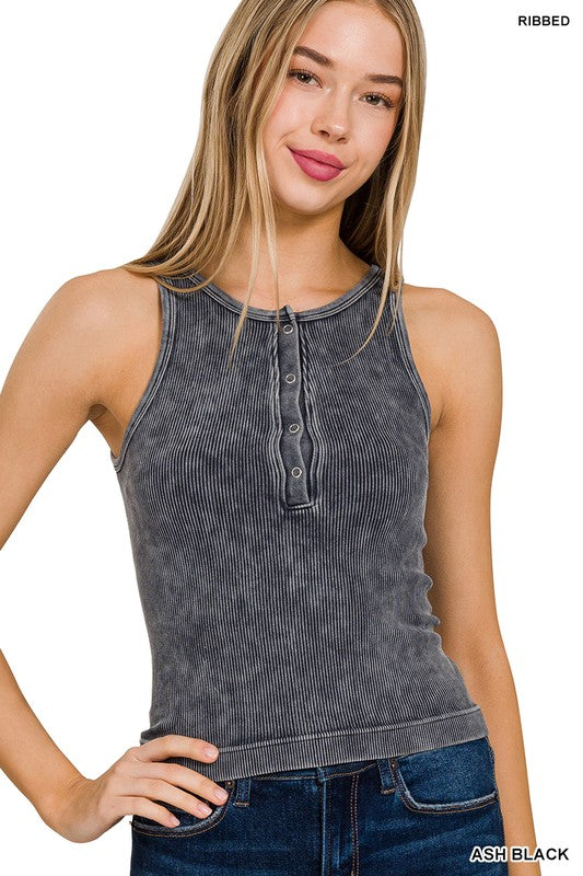 Washed Ribbed Seamless Button-up Tank Top