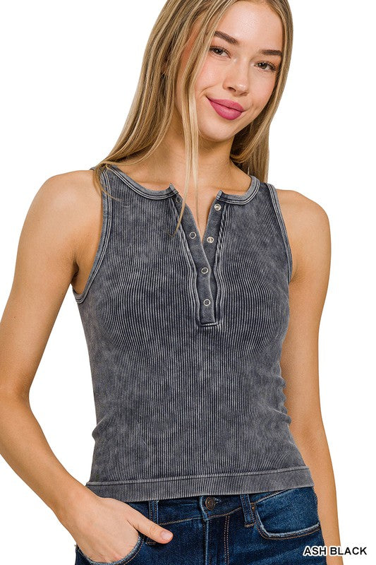 Washed Ribbed Seamless Button-up Tank Top