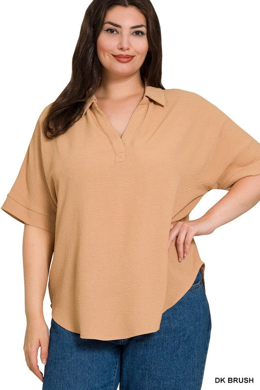 Curvy Woven Airflow Collared V-neck Short Sleeve Top