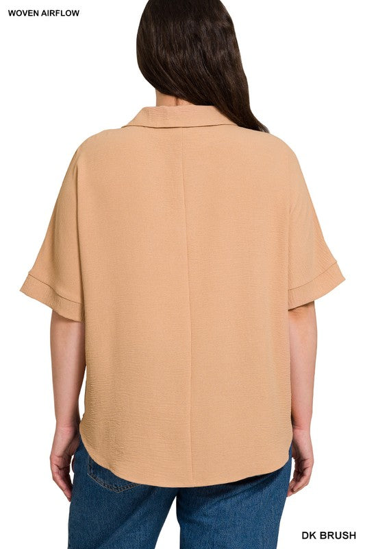 Curvy Woven Airflow Collared V-neck Short Sleeve Top