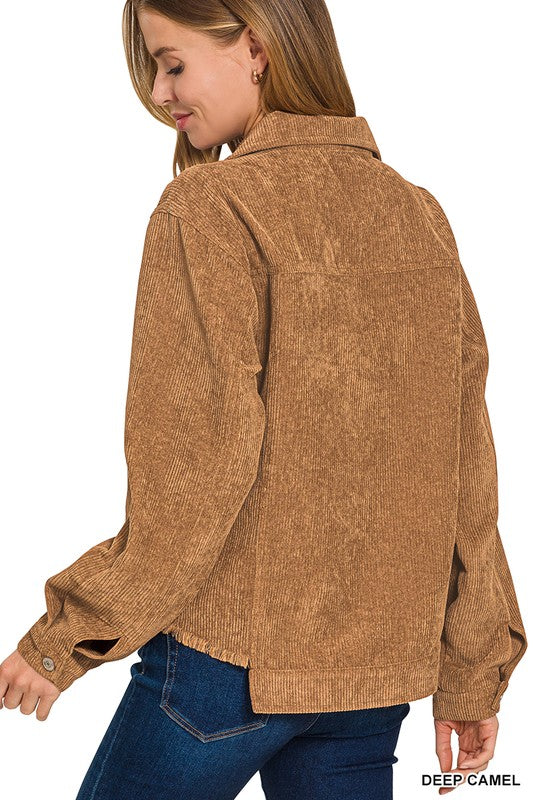 Distressed Corduroy Frayed Hem Cropped Jacket