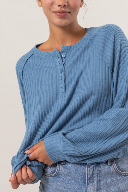 Brushed Ribbed Oversized Henley Top
