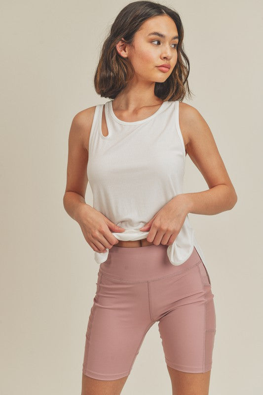 Asymmetric Cutout Rib Tank Top (Cream)