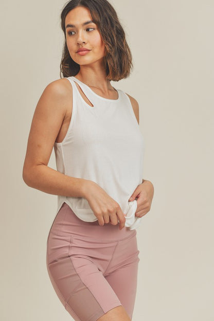 Asymmetric Cutout Rib Tank Top (Cream)