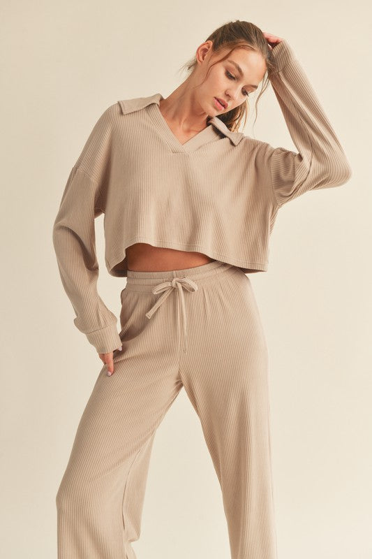 Soft Brushed Ribbed Top With Johnny Collar