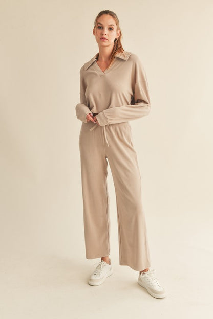 Soft Brushed Ribbed Top With Johnny Collar