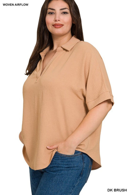 Curvy Woven Airflow Collared V-neck Short Sleeve Top