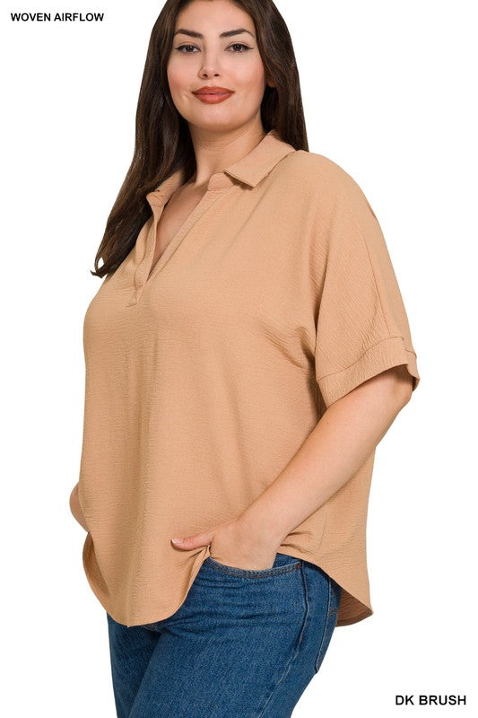 Curvy Woven Airflow Collared V-neck Short Sleeve Top