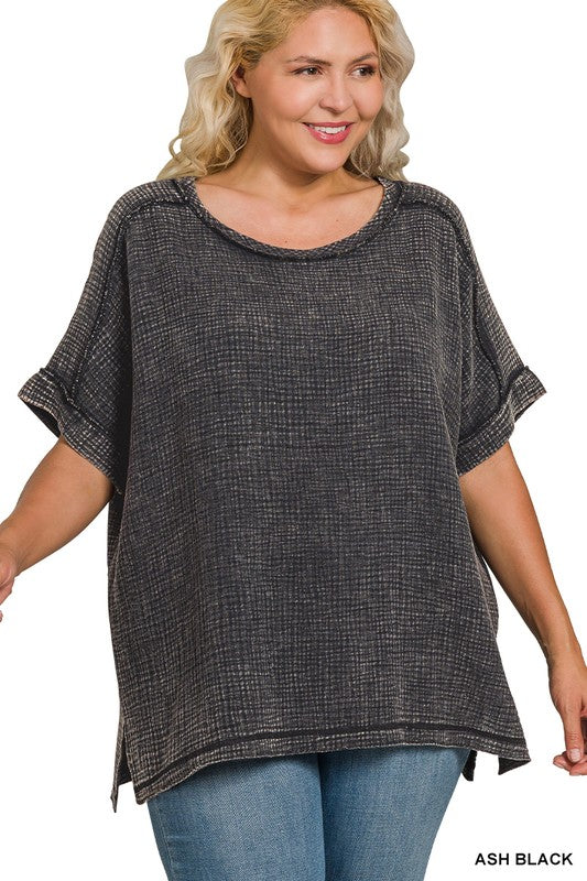 Curvy Acid Washed Double Gauze Cuffed Short Slv Tee