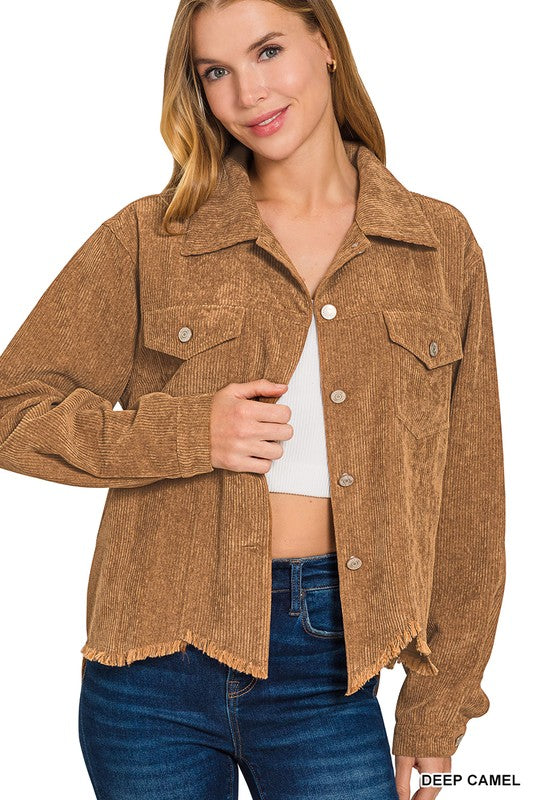 Distressed Corduroy Frayed Hem Cropped Jacket