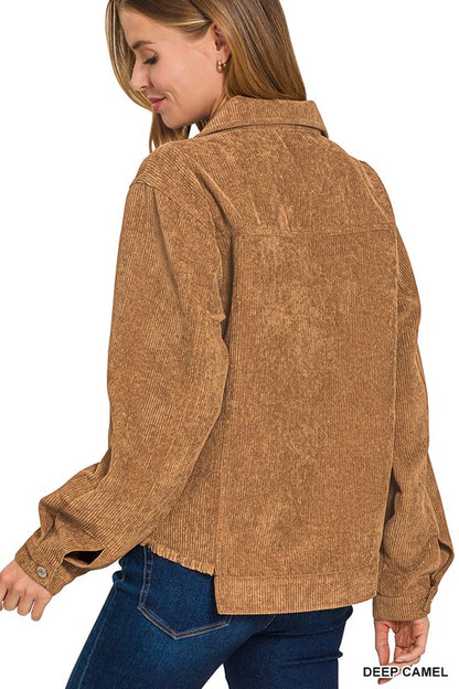 Distressed Corduroy Frayed Hem Cropped Jacket