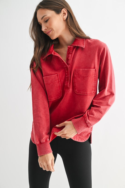 Sierra Half Button Mineral Wash Collared Shirt