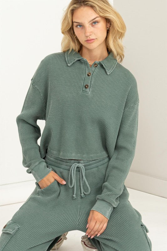 Waffle-knit Henley Top
