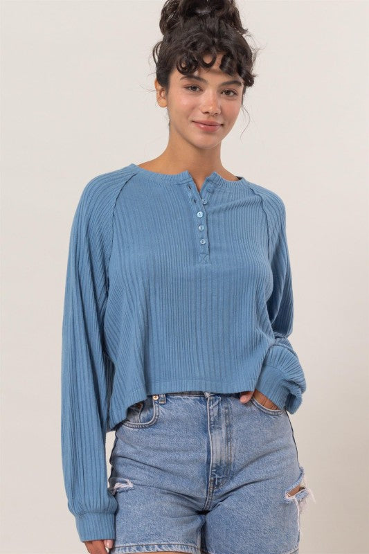 Brushed Ribbed Oversized Henley Top